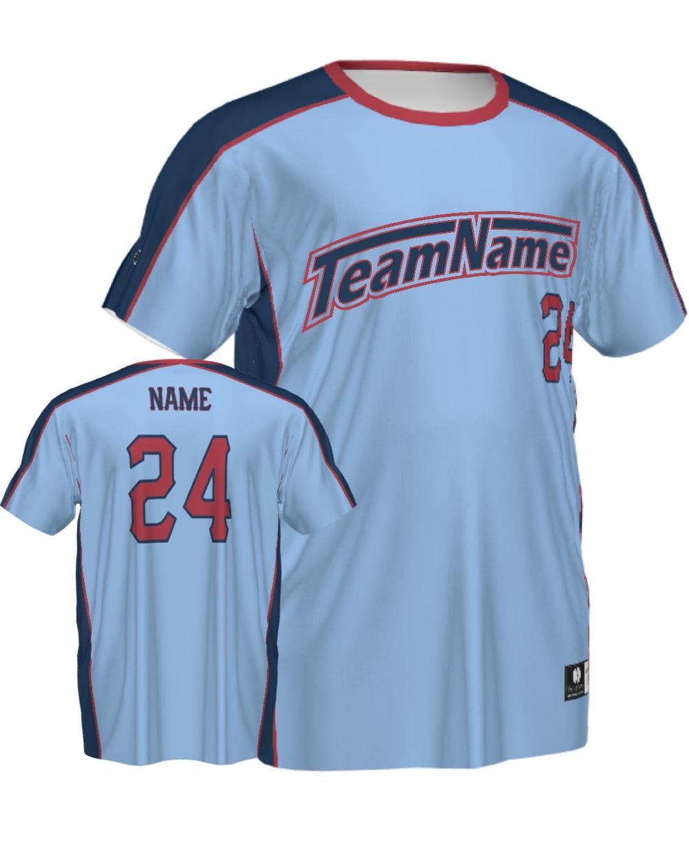 SportUniform ColorBlock V-Neck Custom Sublimated Baseball Jersey, color: Light Blue/Navy