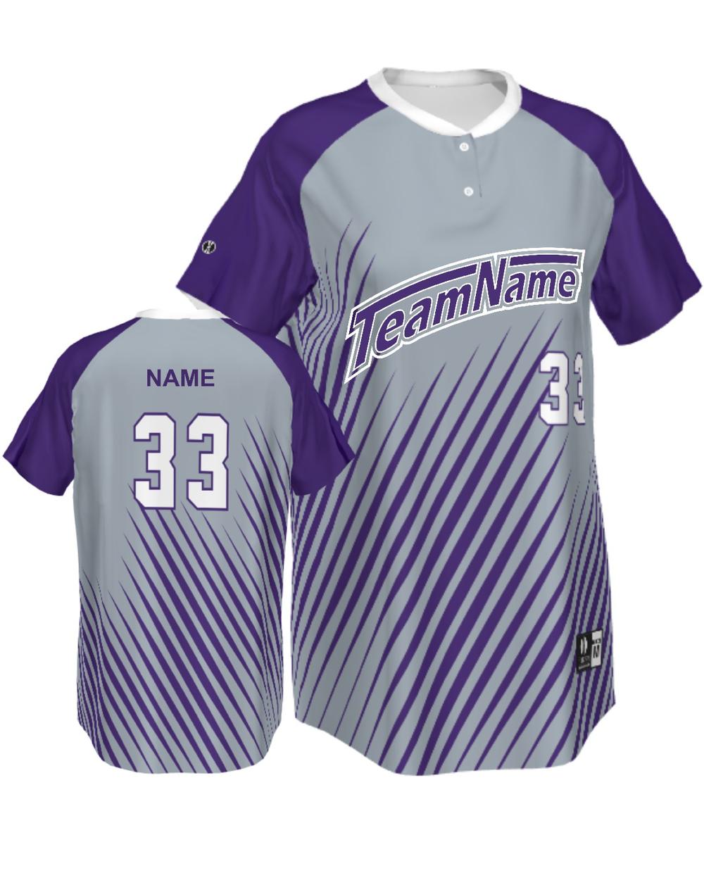 SportUniform Women's Cosmic Henley Custom Sublimated Softball Jersey, color: Grey/Purple