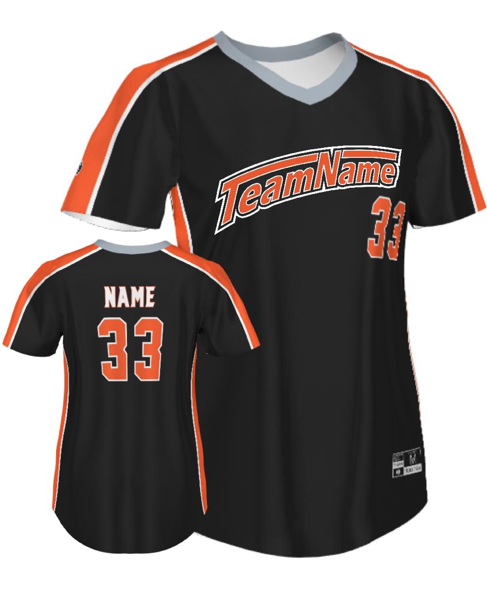 SU Girls FreeStyle V-Neck Custom Sublimated Softball Jersey, color: Black/Orange