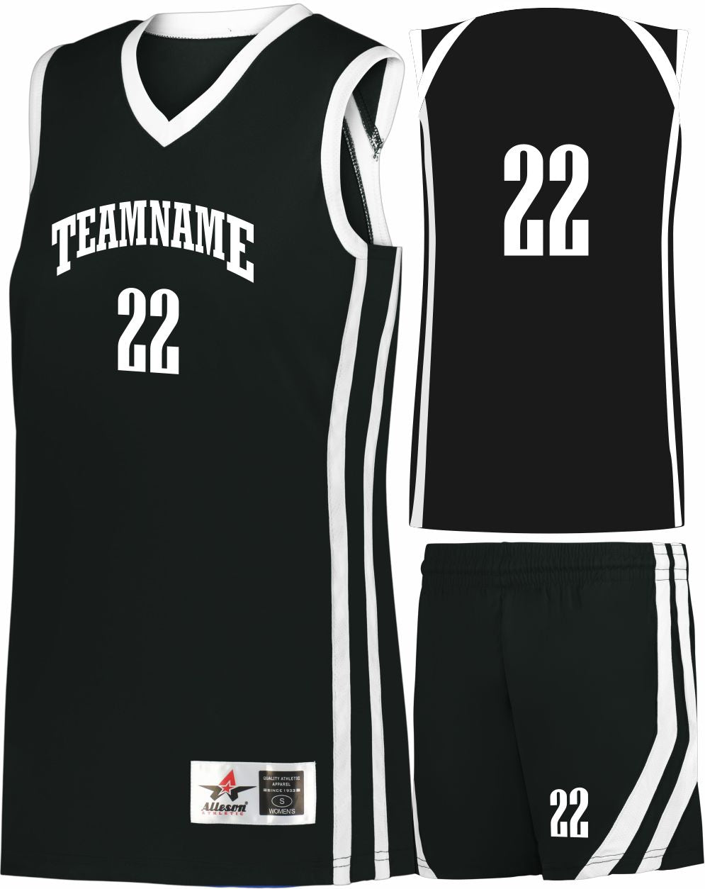 Alleson Sigle-Ply Custom Basketball Uniform, color: Black/White