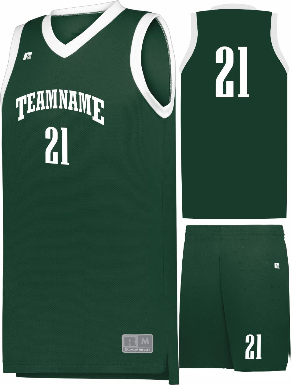 Russell Elite Powered By Coolcore Custom Basketball Uniform, color: Dark Green/White