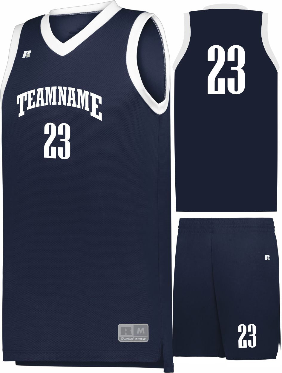 Russell Elite Powered By Coolcore Custom Basketball Uniform, color: Navy/White
