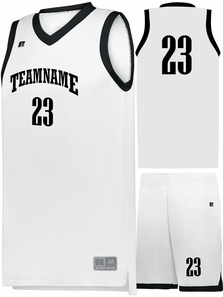 Russell Elite Powered By Coolcore Custom Basketball Uniform, color: White/Black