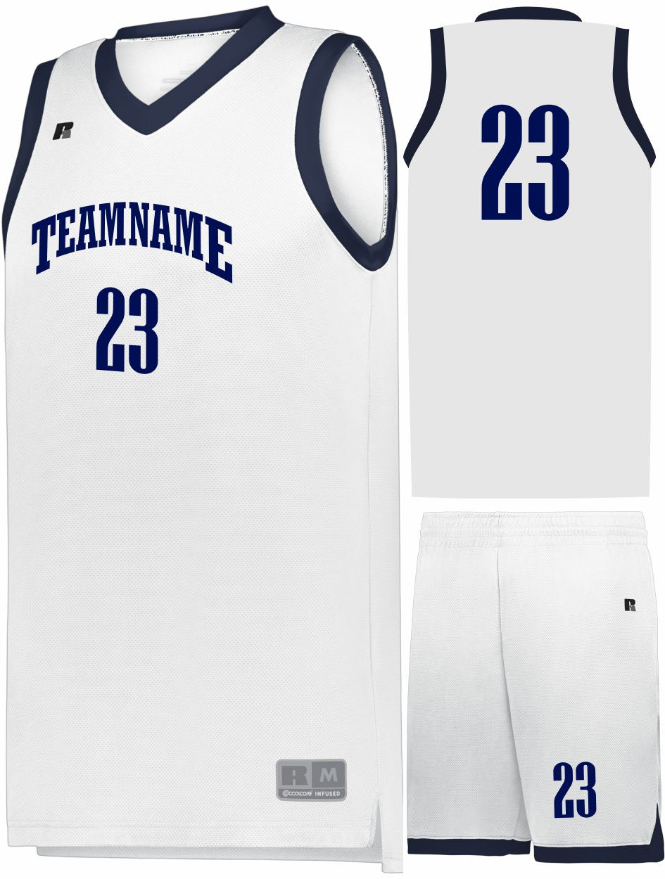 Russell Elite Powered By Coolcore Custom Basketball Uniform, color: White/Navy