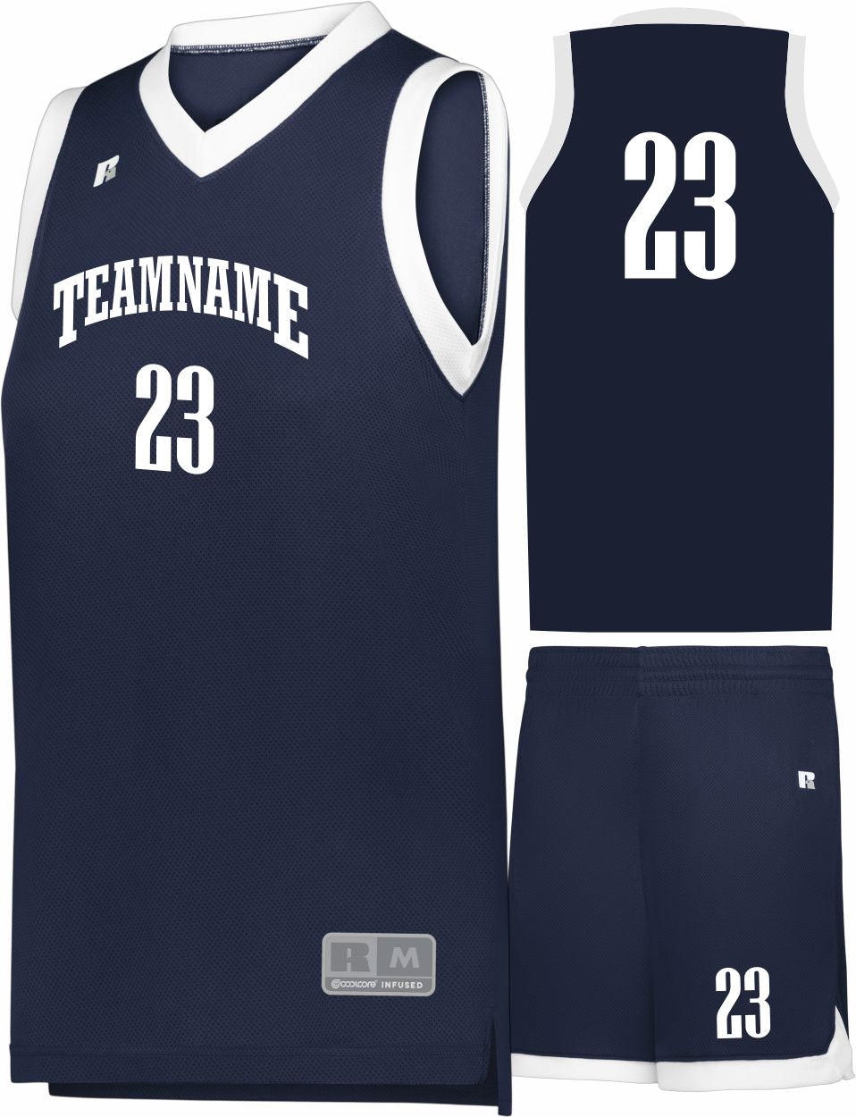 Russell Elite Powered By Coolcore Custom Basketball Uniform, color: Navy/White