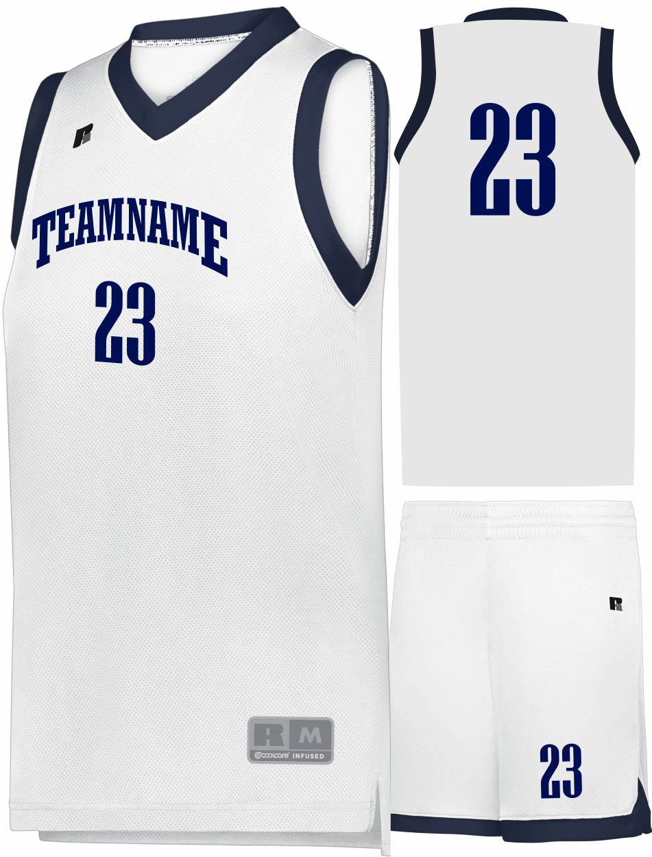 Russell Elite Powered By Coolcore Custom Basketball Uniform, color: White/Navy