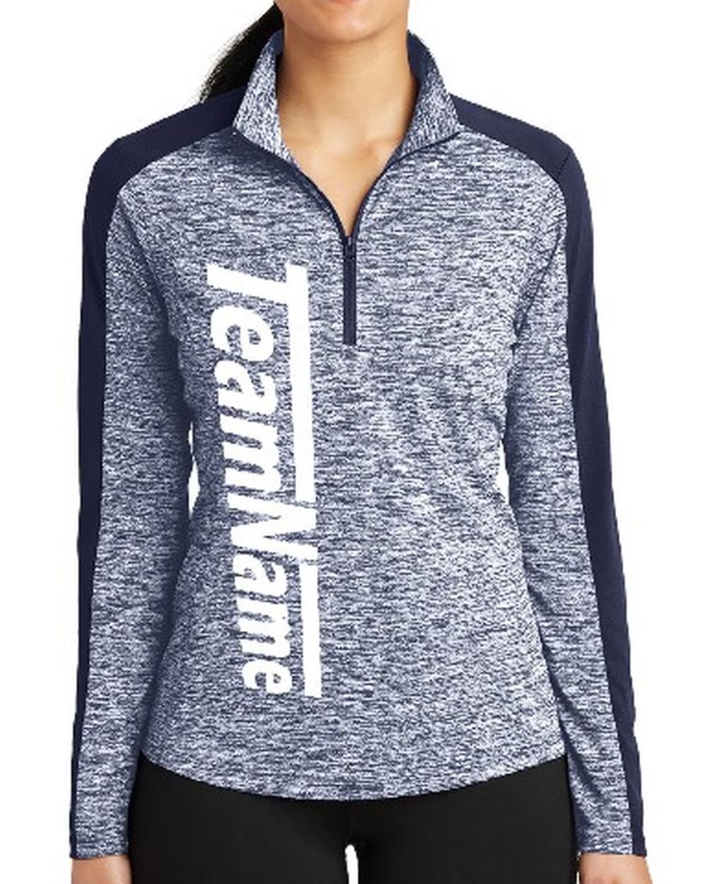 Sport-TEK Women's Electric Heather Colorblock Custom Pullover, color: True Navy Electric/True Navy