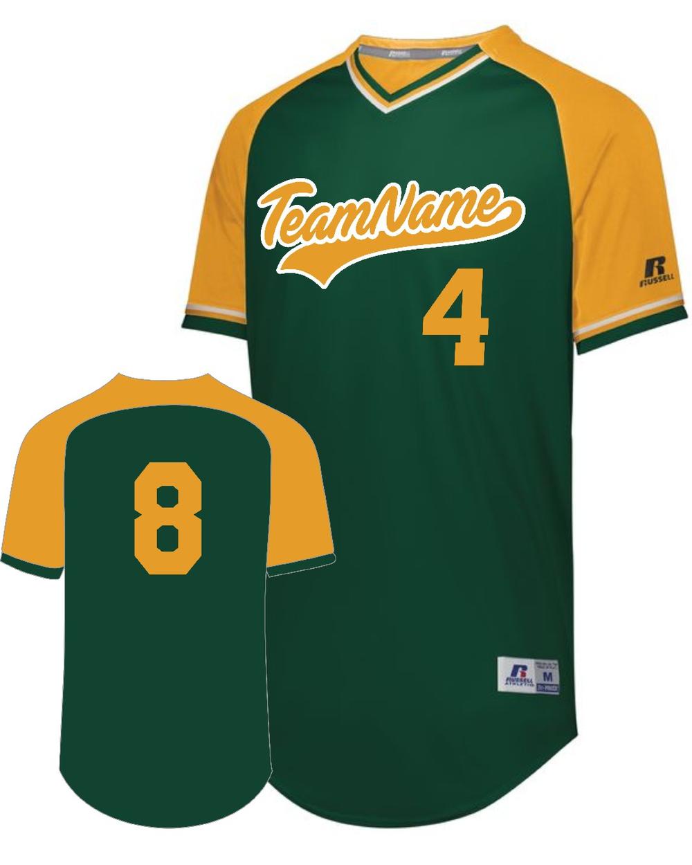 Russell V-Neck Custom Baseball Jersey, color: Dark Green/Gold/White