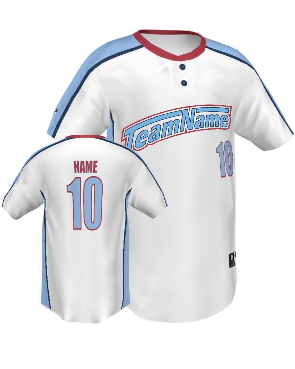 SportUniform ColorBlock Henley Custom Sublimated Baseball Jersey, color: White/Columbia