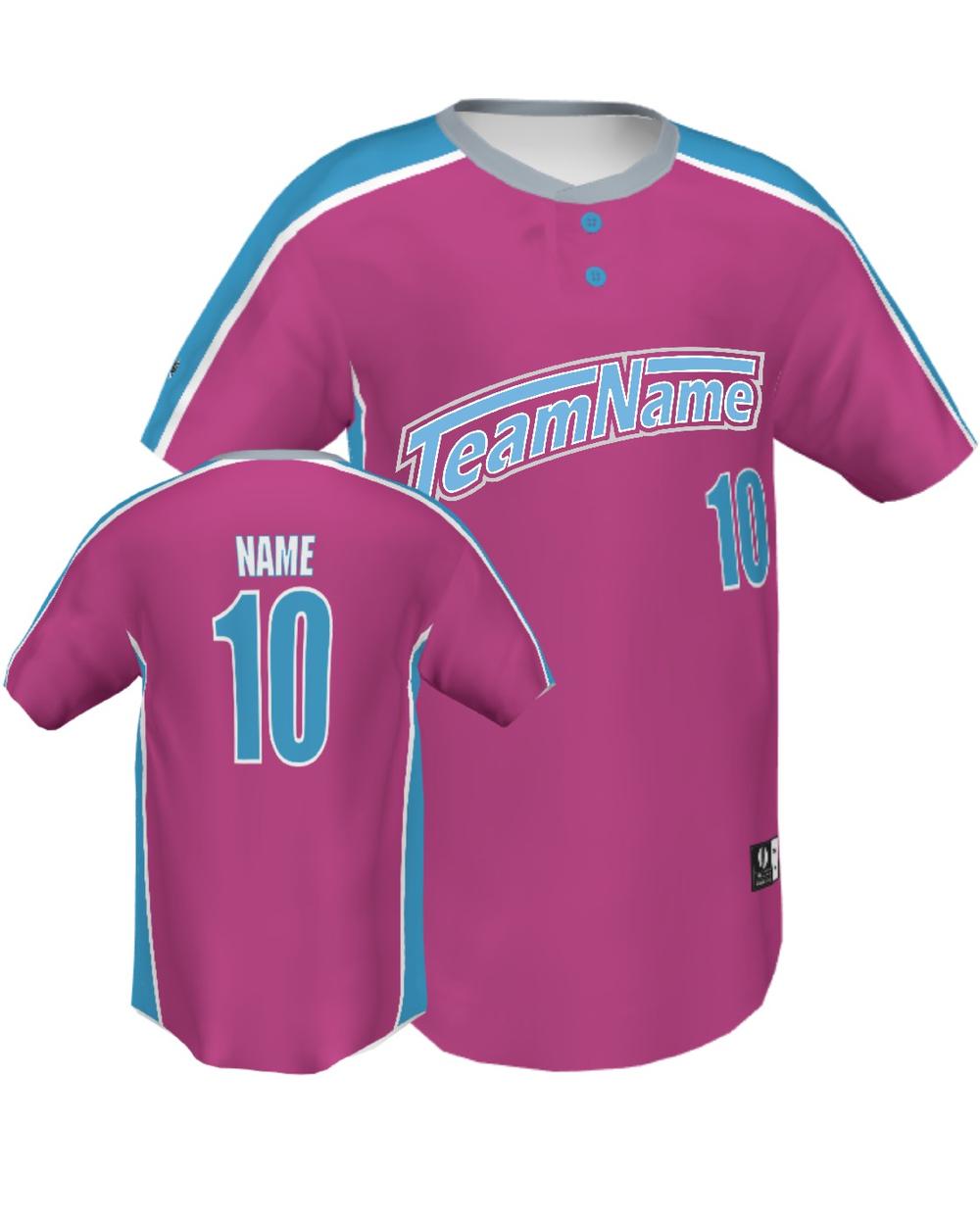 SportUniform ColorBlock Henley Custom Sublimated Baseball Jersey, color: Power Pink/University Blue