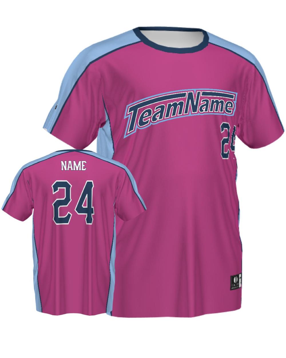 SportUniform ColorBlock V-Neck Custom Sublimated Baseball Jersey, color: Power Pink/Light Blue