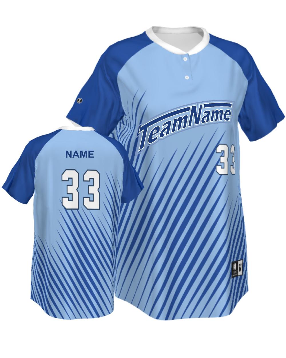 SportUniform Women's Cosmic Henley Custom Sublimated Softball Jersey, color: Light Blue/Royal