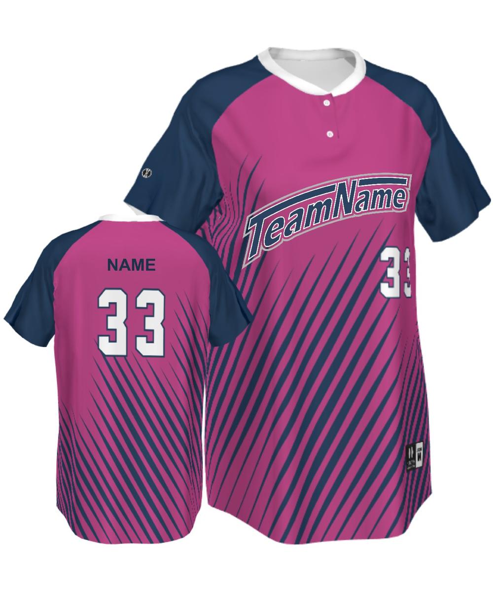 SportUniform Women's Cosmic Henley Custom Sublimated Softball Jersey, color: Power Pink/Navy