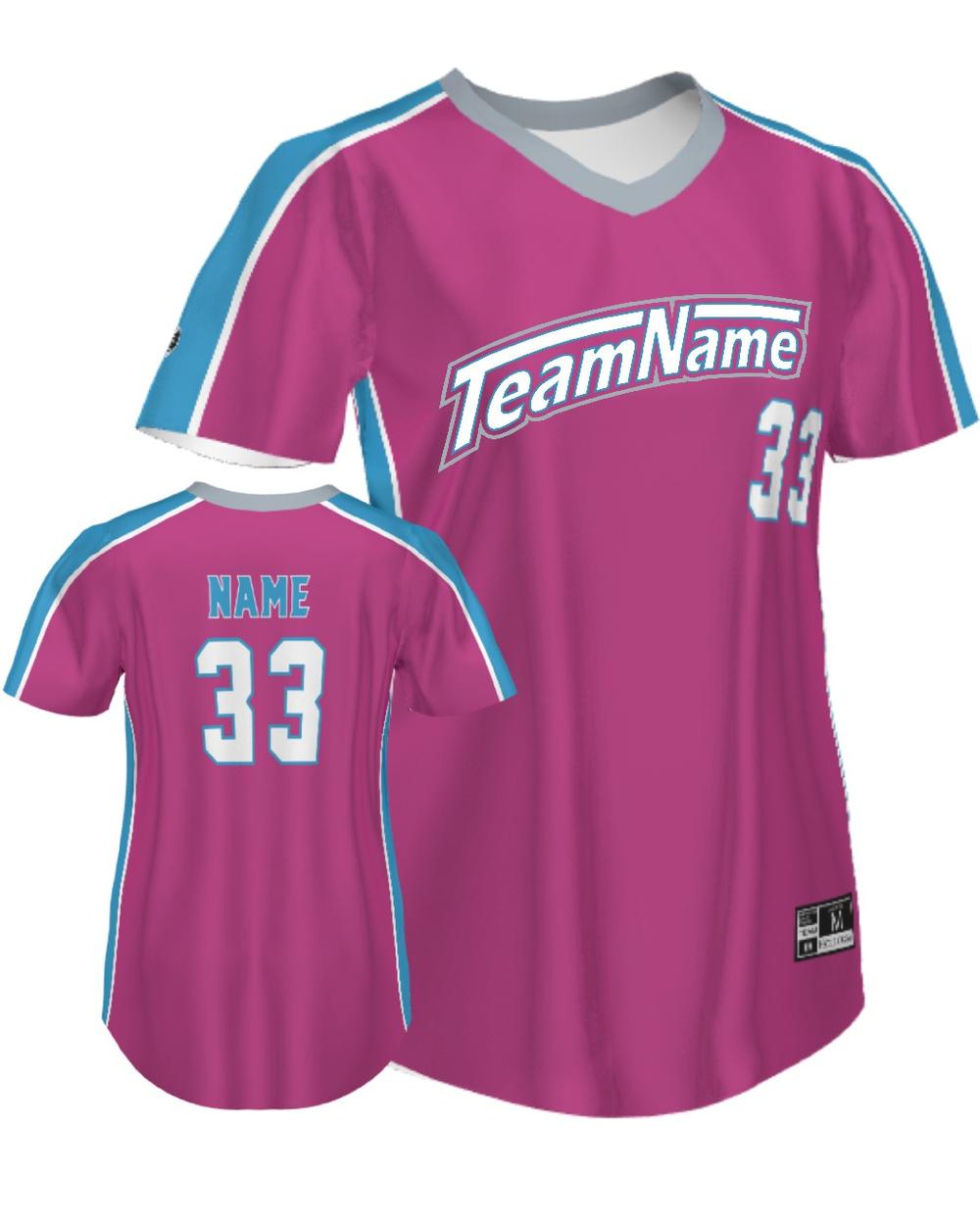 SportUniform Women's FreeStyle V-Neck Custom Sublimated Softball Jersey, color: Power Pink/University Blue