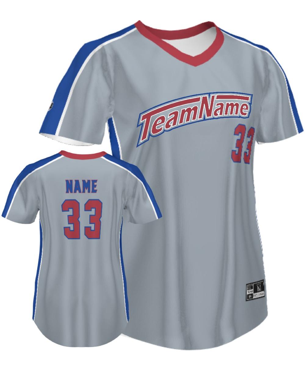 SportUniform Women's FreeStyle V-Neck Custom Sublimated Softball Jersey, color: Grey/Royal