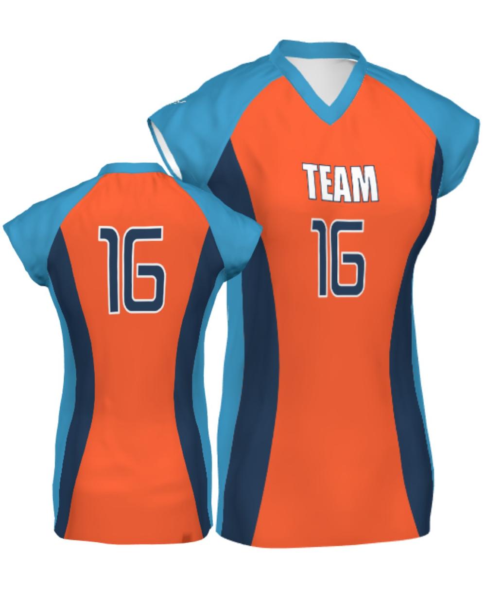 SportUniform Women's Major Custom Sublimated Volleyball Jersey, color: Orange/Navy/University Blue