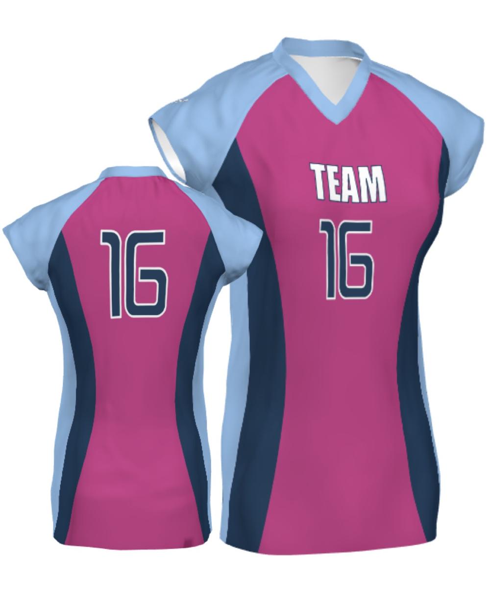 SportUniform Women's Major Custom Sublimated Volleyball Jersey, color: Power Pink/Navy/Light Blue