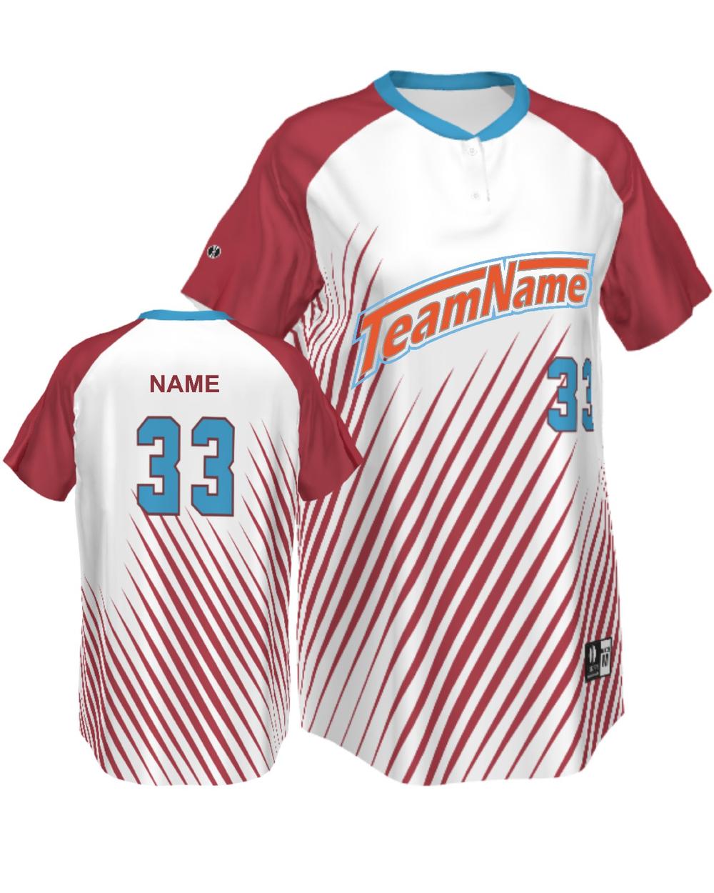 SportUniform Girls Cosmic Henley Custom Sublimated Softball Jersey, color: White/Scarlet