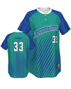 SportUniform Cosmic Henley Custom Sublimated Softball Jersey, color: Teal/Royal
