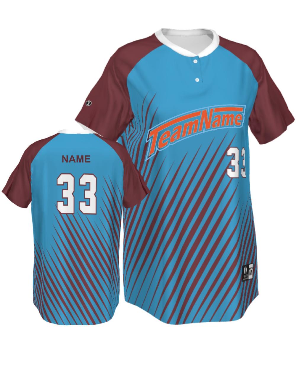 SportUniform Girls Cosmic Henley Custom Sublimated Softball Jersey, color: University Blue/Cardinal