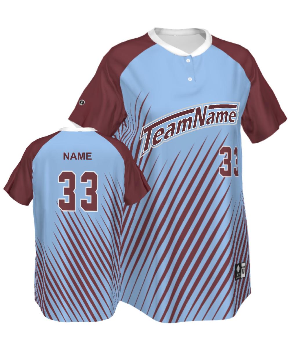 SportUniform Girls Cosmic Henley Custom Sublimated Softball Jersey, color: Light Blue/Cardinal