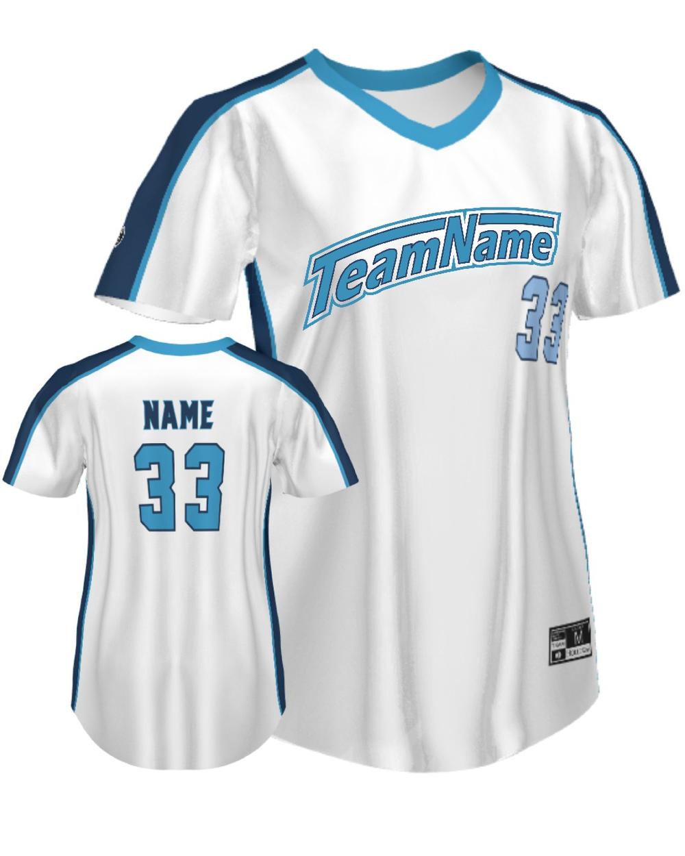 SportUniform Girls FreeStyle V-Neck Custom Sublimated Softball Jersey, color: White/Navy