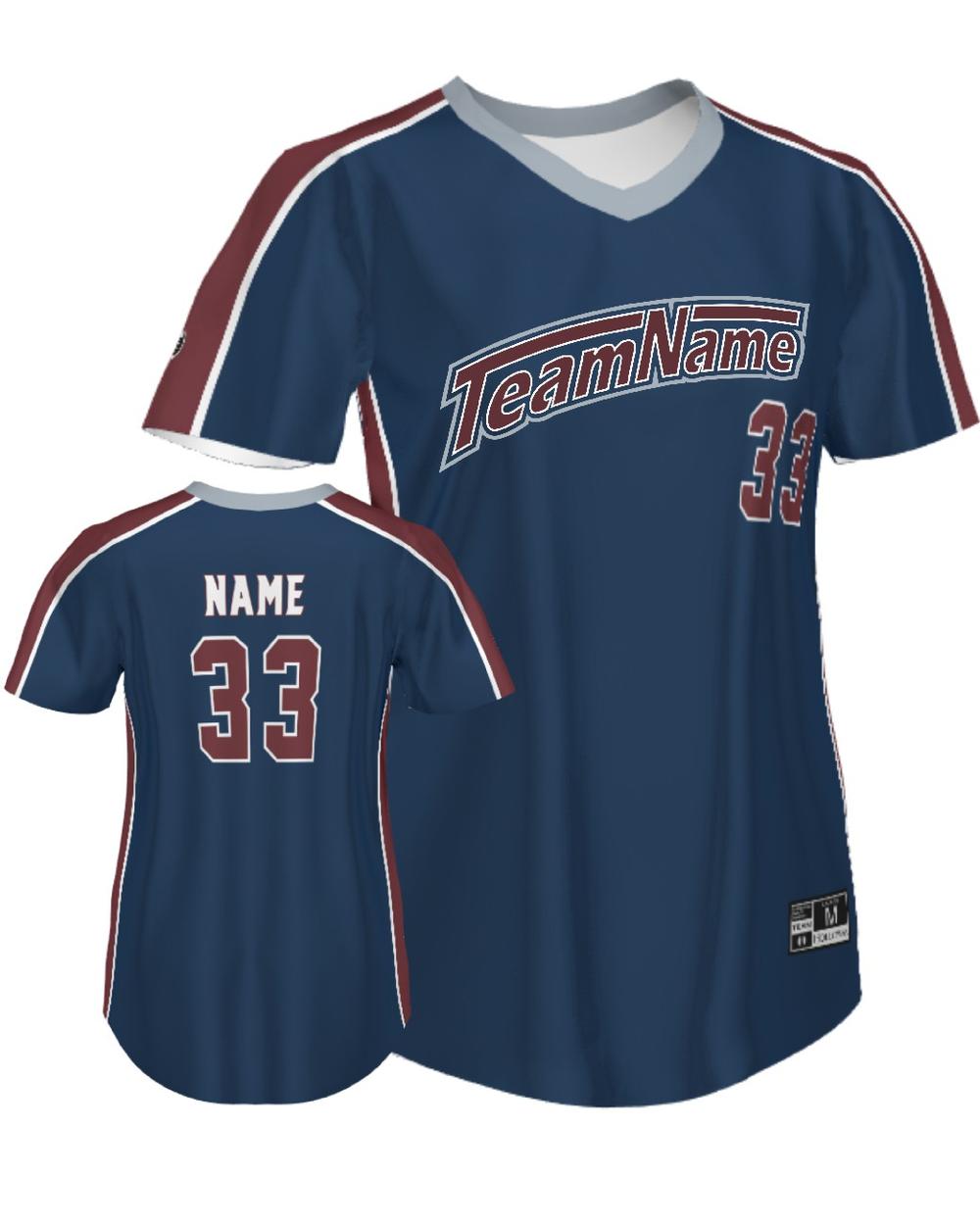 SportUniform Girls FreeStyle V-Neck Custom Sublimated Softball Jersey, color: Navy/Cardinal