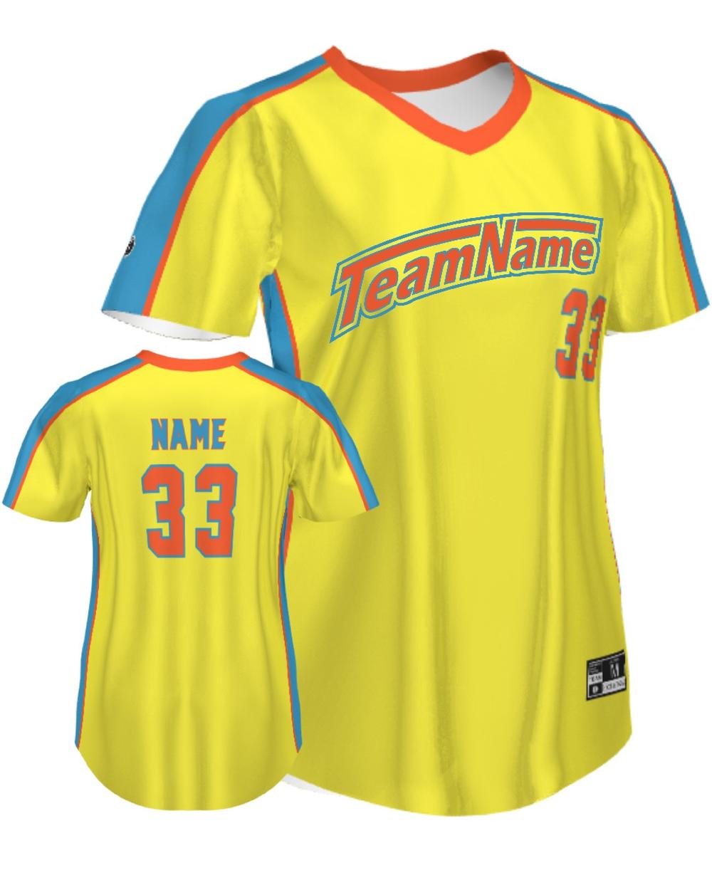 SportUniform Girls FreeStyle V-Neck Custom Sublimated Softball Jersey, color: Bright Yellow/University Blue