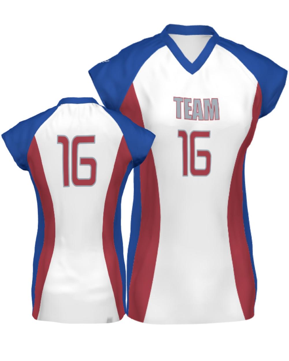 SportUniform Girls Major Custom Sublimated Volleyball Jersey, color: White/Scarlet/Royal