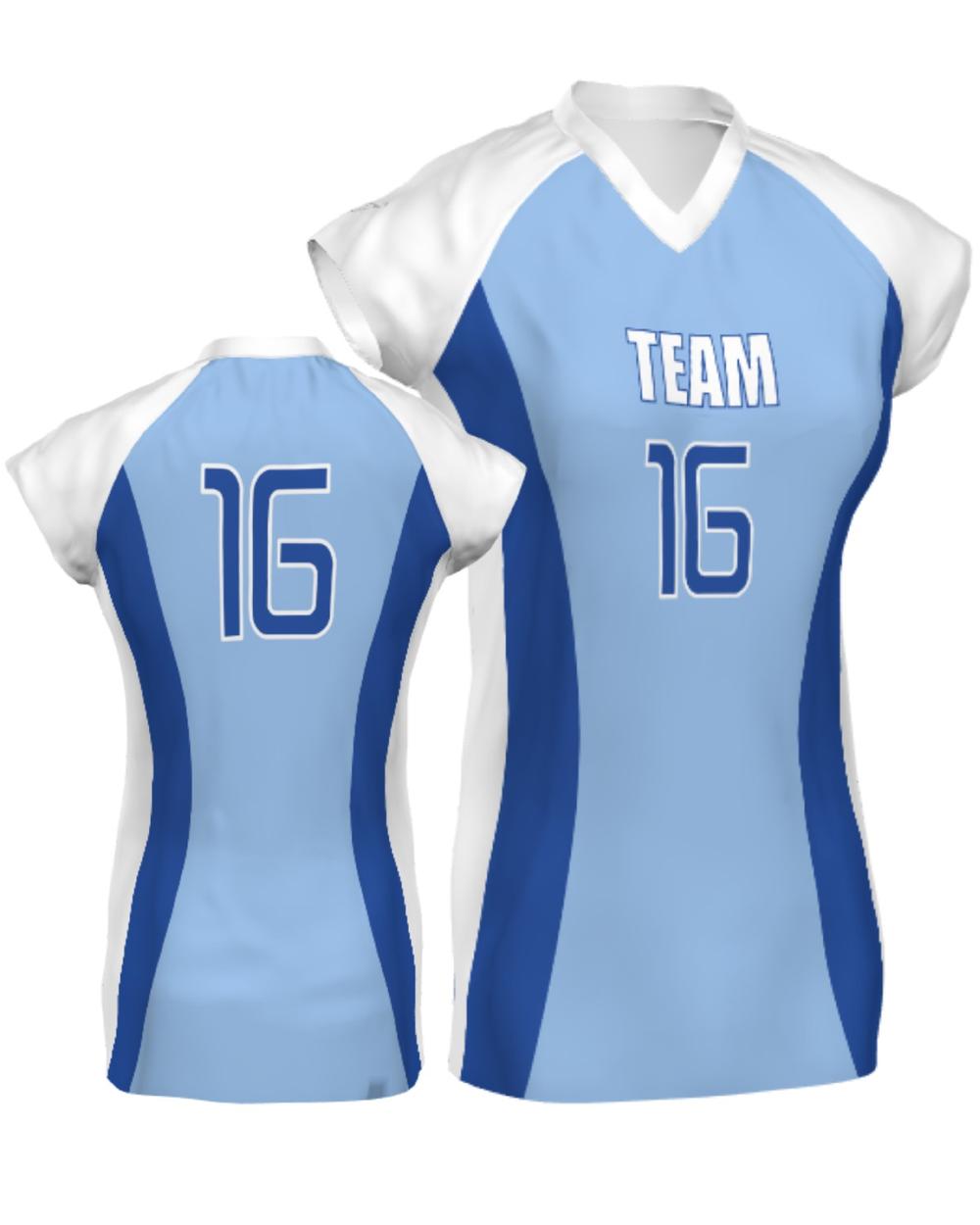 SportUniform Girls Major Custom Sublimated Volleyball Jersey, color: Light Blue/Royal/White