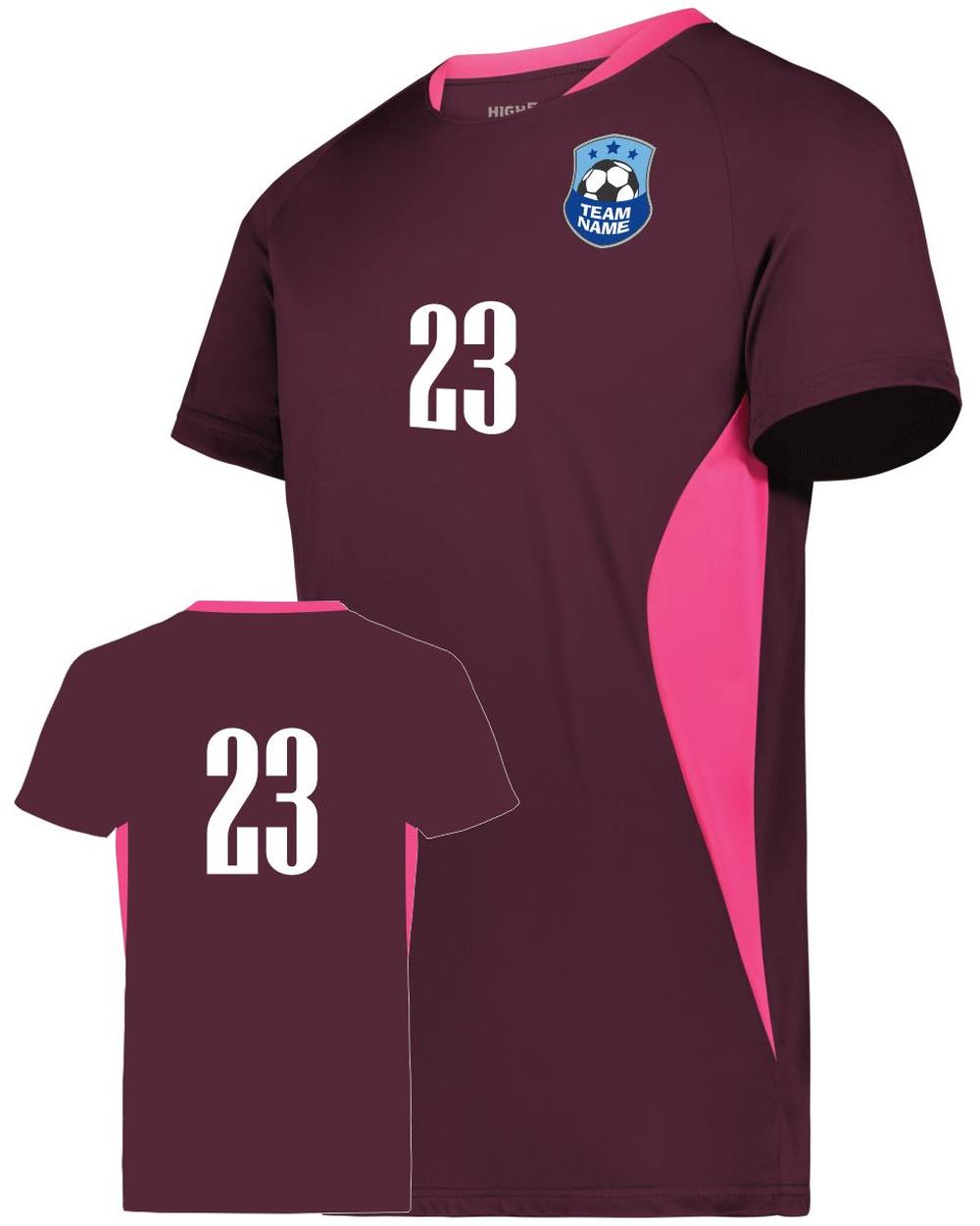 High 5 Youth Octane Custom Soccer Jersey, color: Maroon/Power Pink