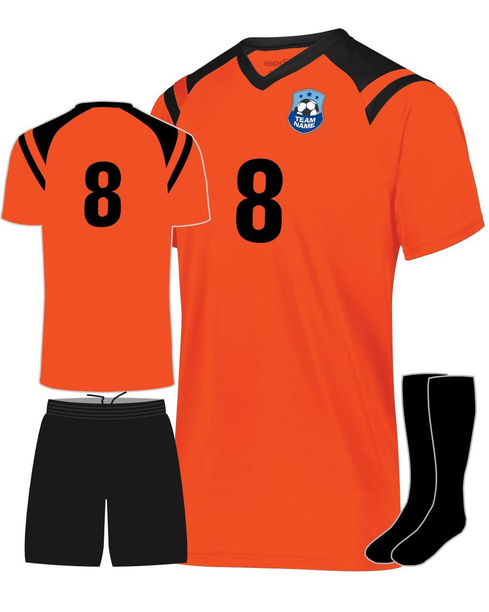 High 5 Youth Sheffield Custom Soccer Uniform, color: Electric Orange/Black