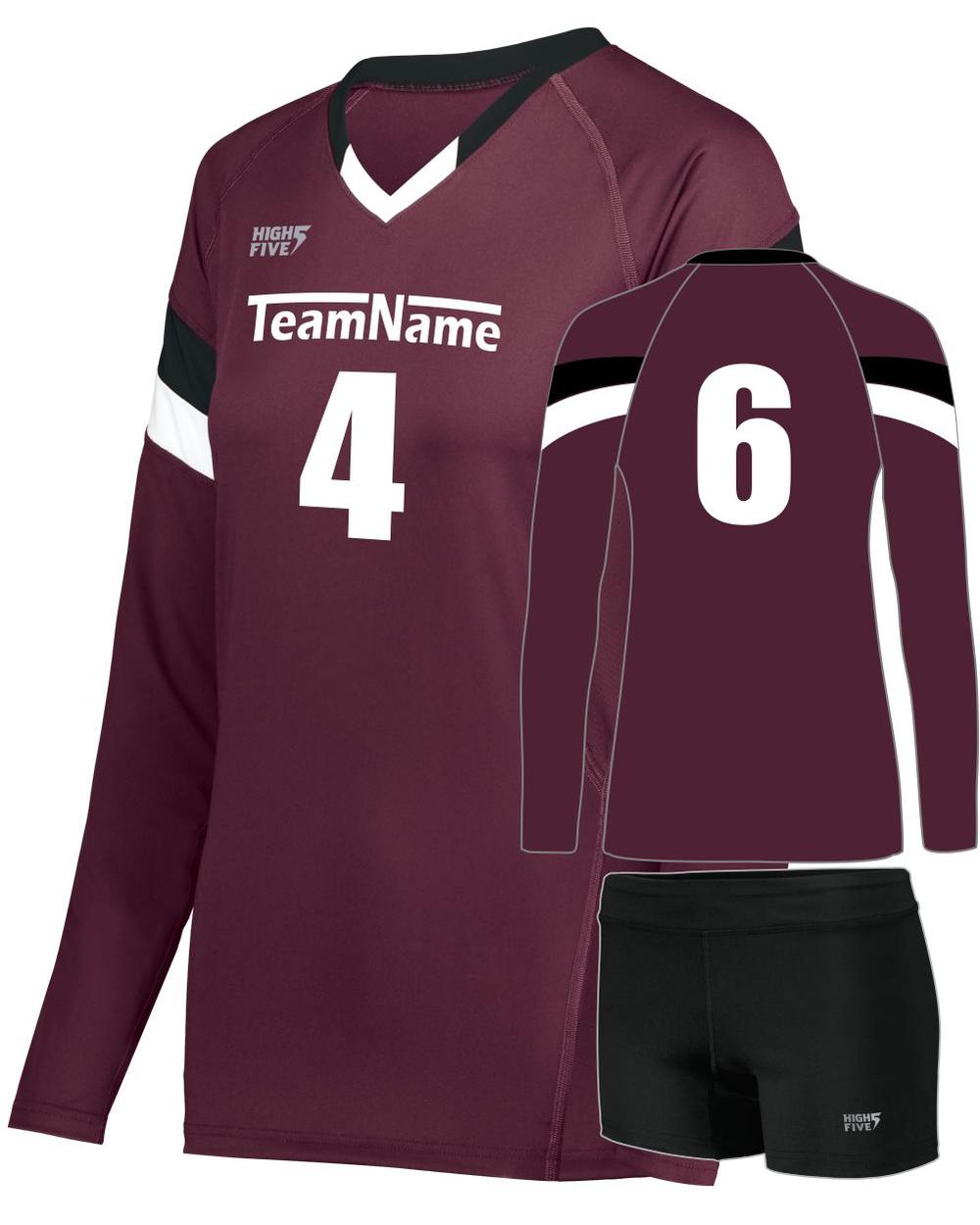 High 5 TruHit Tri-Color L/S Custom Volleyball Uniform, color: Maroon/Black/White