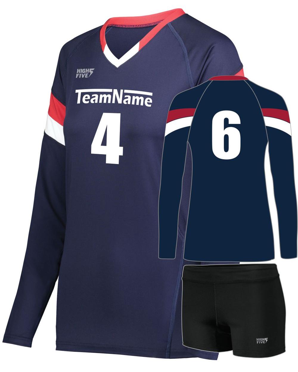 High 5 TruHit Tri-Color L/S Custom Volleyball Uniform, color: Navy/Scarlet/White