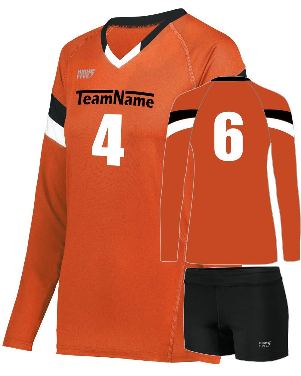 High 5 Women's TruHit Tri-Color L/S Custom Volleyball Uniform, color: Orange/Black/White