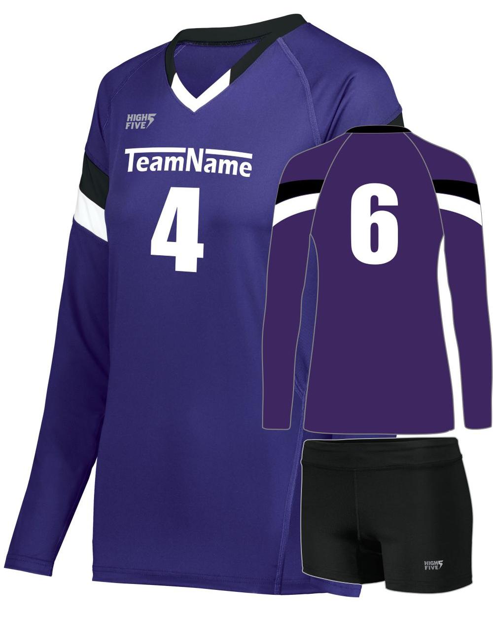 High 5 Women's TruHit Tri-Color L/S Custom Volleyball Uniform, color: Purple/Black/White