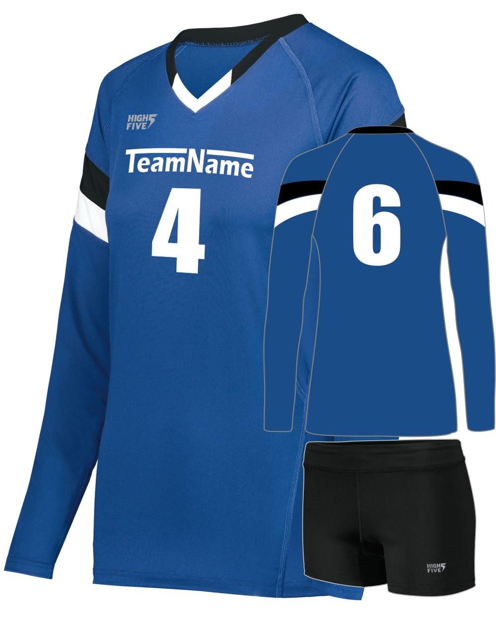 High 5 Women's TruHit Tri-Color L/S Custom Volleyball Uniform, color: Royal/Black/White