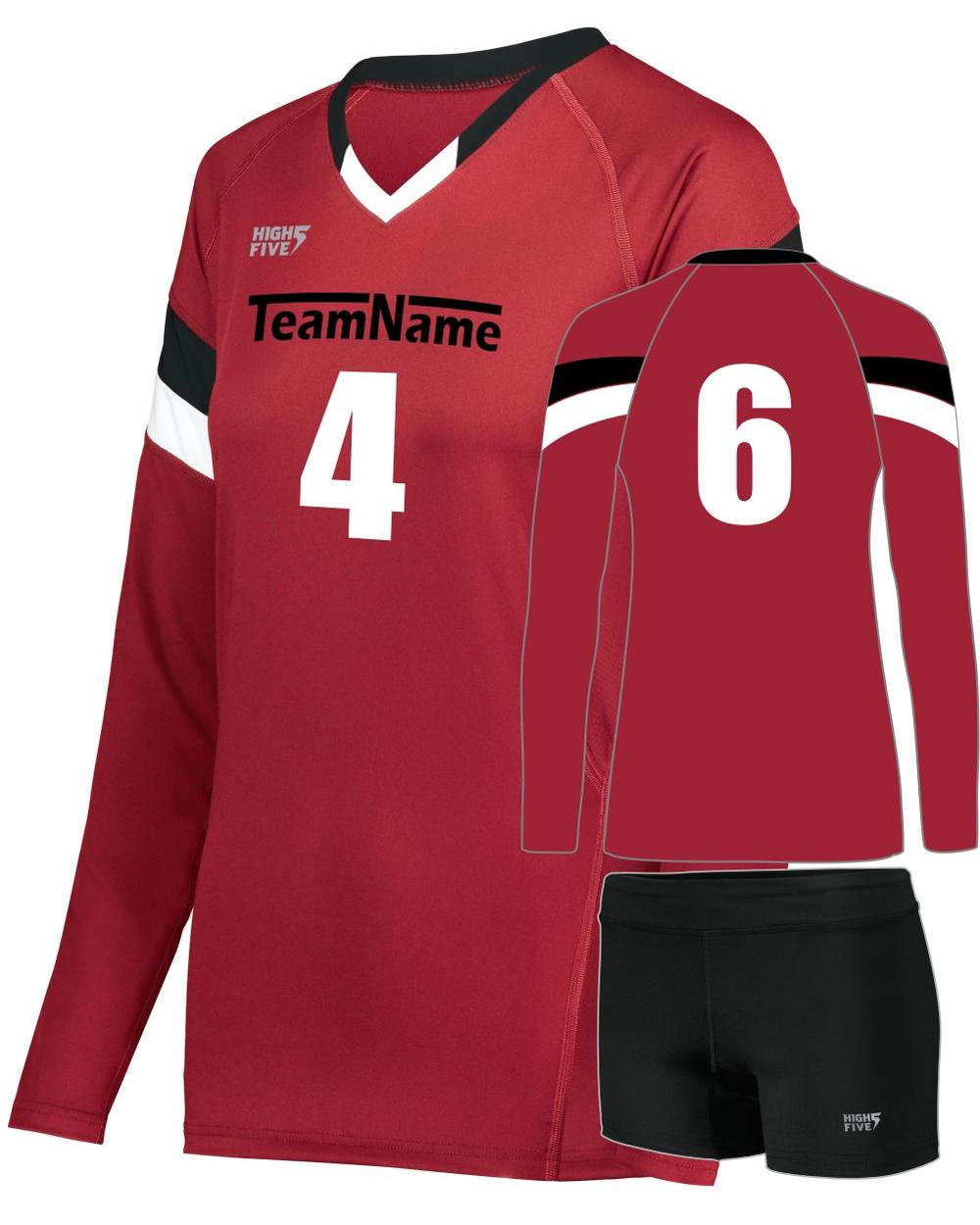 High 5 TruHit Tri-Color L/S Custom Volleyball Uniform, color: Scarlet/Black/White