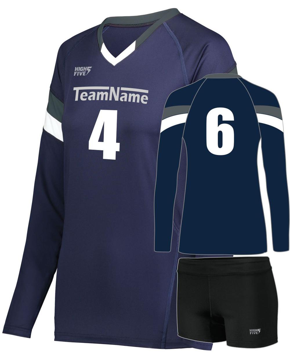 High 5 Women's TruHit Tri-Color L/S Custom Volleyball Uniform, color: Navy/Graphite/White