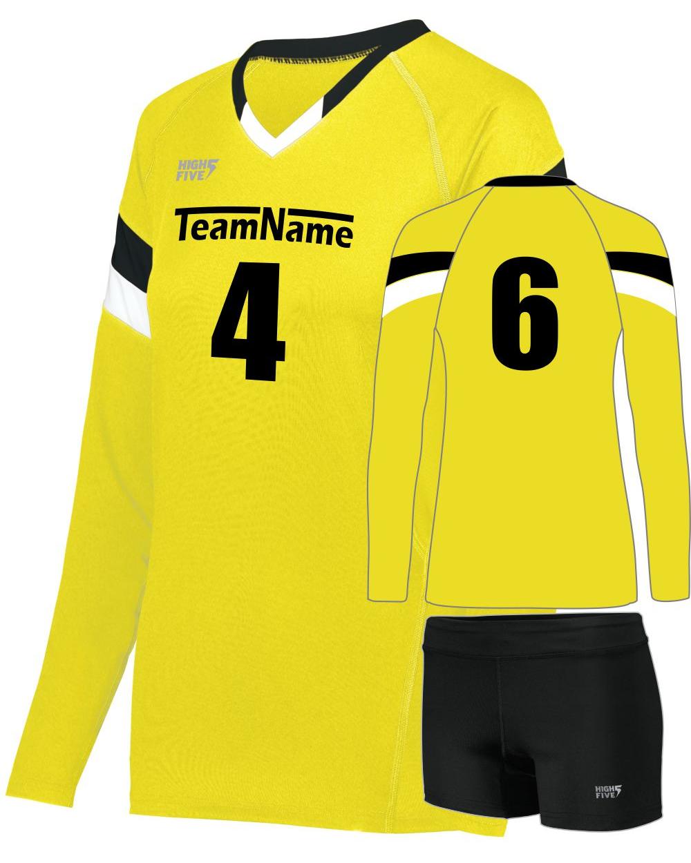 High 5 Women's TruHit Tri-Color L/S Custom Volleyball Uniform, color: Electric Yellow/Black/White