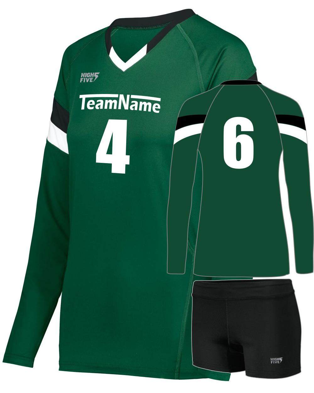 High 5 Women's TruHit Tri-Color L/S Custom Volleyball Uniform, color: Dark Green/Black/White