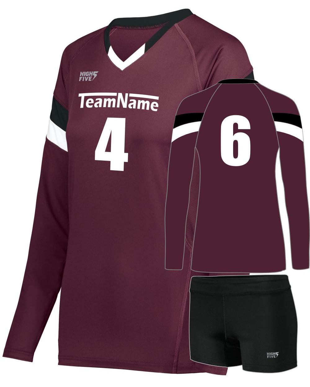 High 5 Girls TruHit Tri-Color L/S Custom Volleyball Uniform, color: Maroon/Black/White