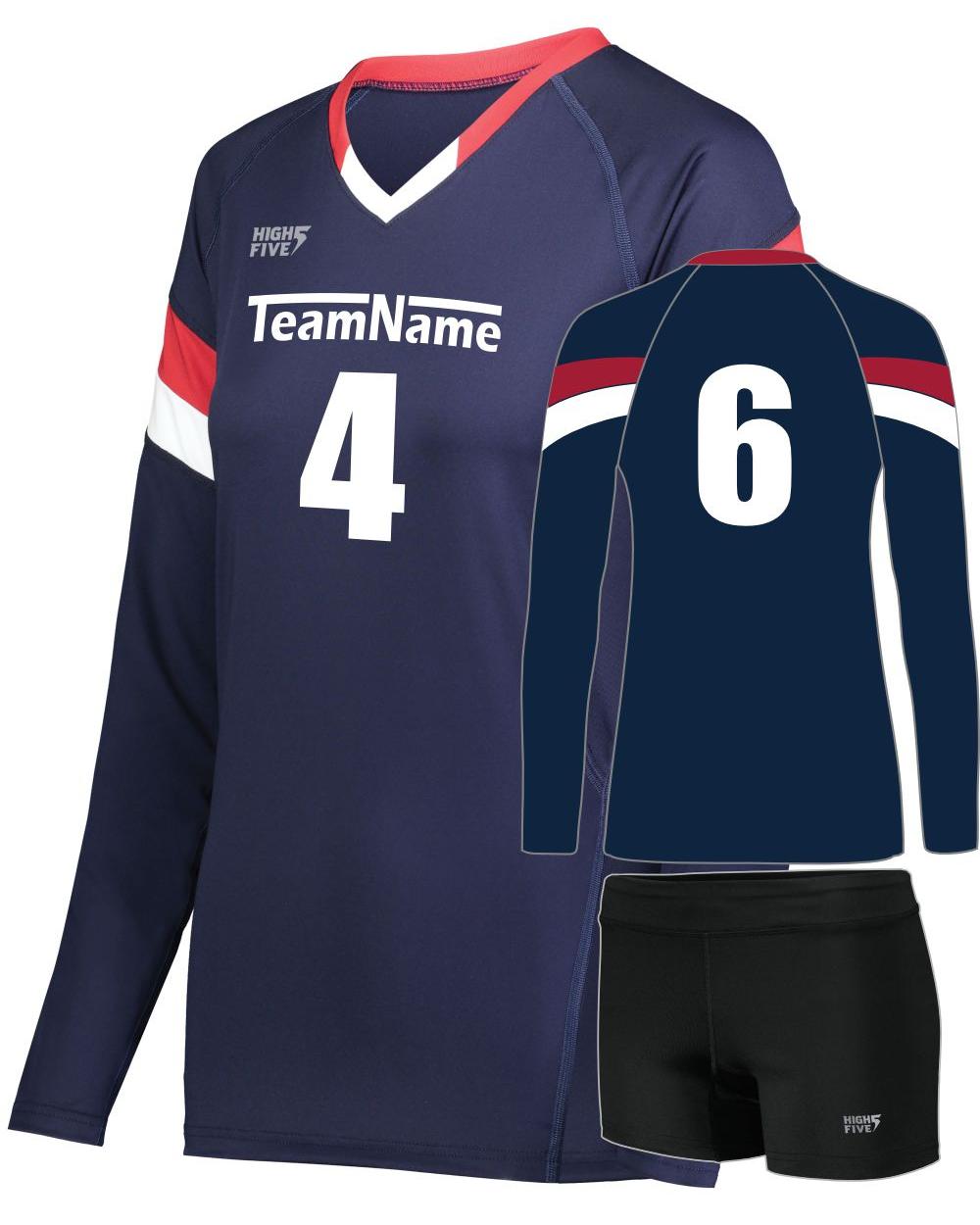 High 5 Girls TruHit Tri-Color L/S Custom Volleyball Uniform, color: Navy/Scarlet/White