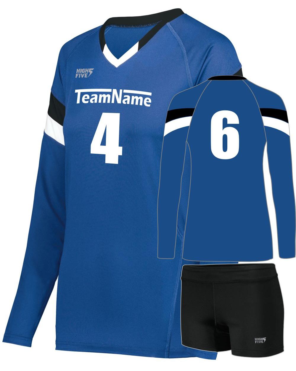 High 5 Girls TruHit Tri-Color L/S Custom Volleyball Uniform, color: Royal/Black/White