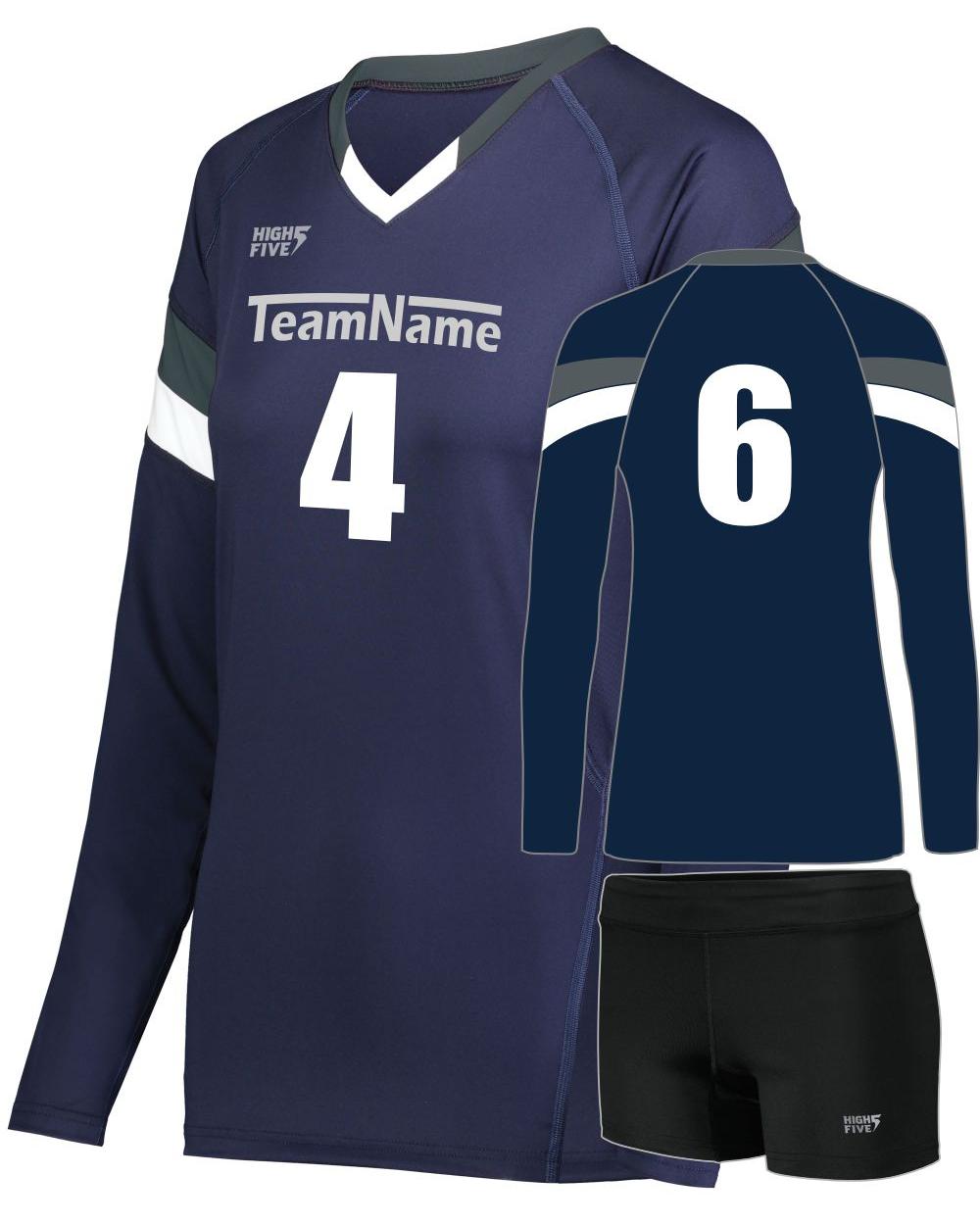High 5 Girls TruHit Tri-Color L/S Custom Volleyball Uniform, color: Navy/Graphite/White