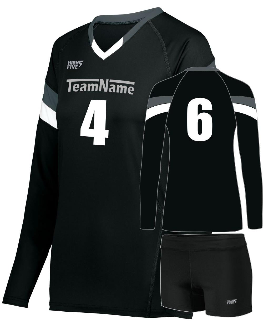 High 5 TruHit Tri-Color L/S Custom Volleyball Uniform, color: Black/Graphite/White