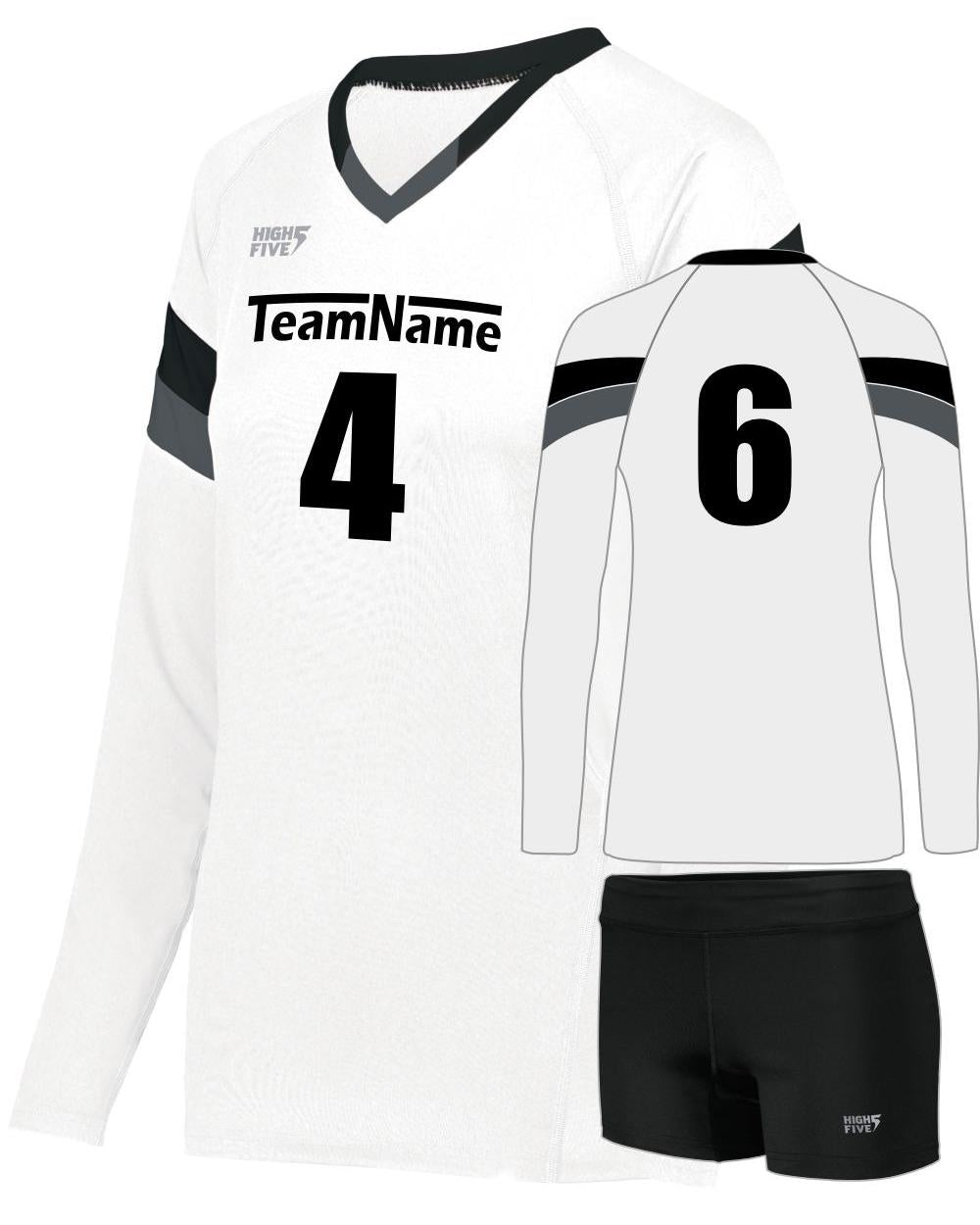 High 5 Girls TruHit Tri-Color L/S Custom Volleyball Uniform, color: White/Black/Graphite