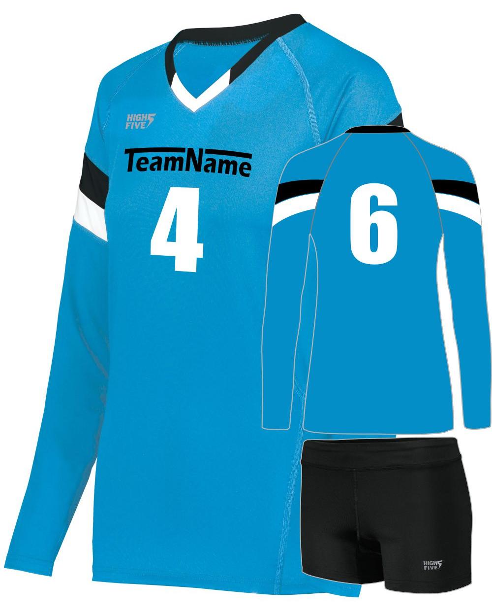 High 5 TruHit Tri-Color L/S Custom Volleyball Uniform, color: Power Blue/Black/White