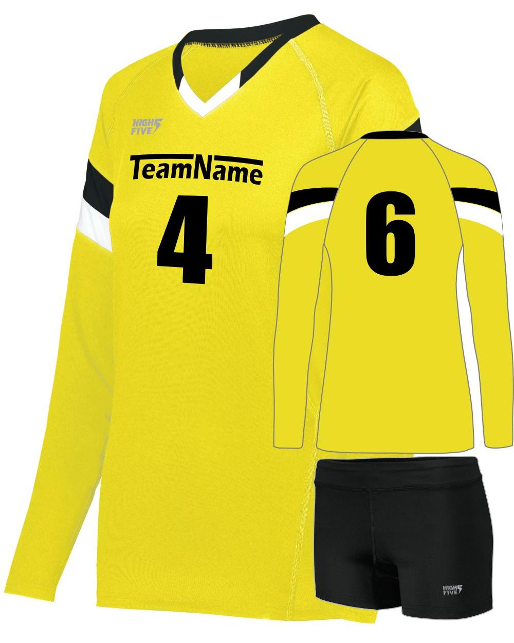 High 5 Girls TruHit Tri-Color L/S Custom Volleyball Uniform, color: Electric Yellow/Black/White