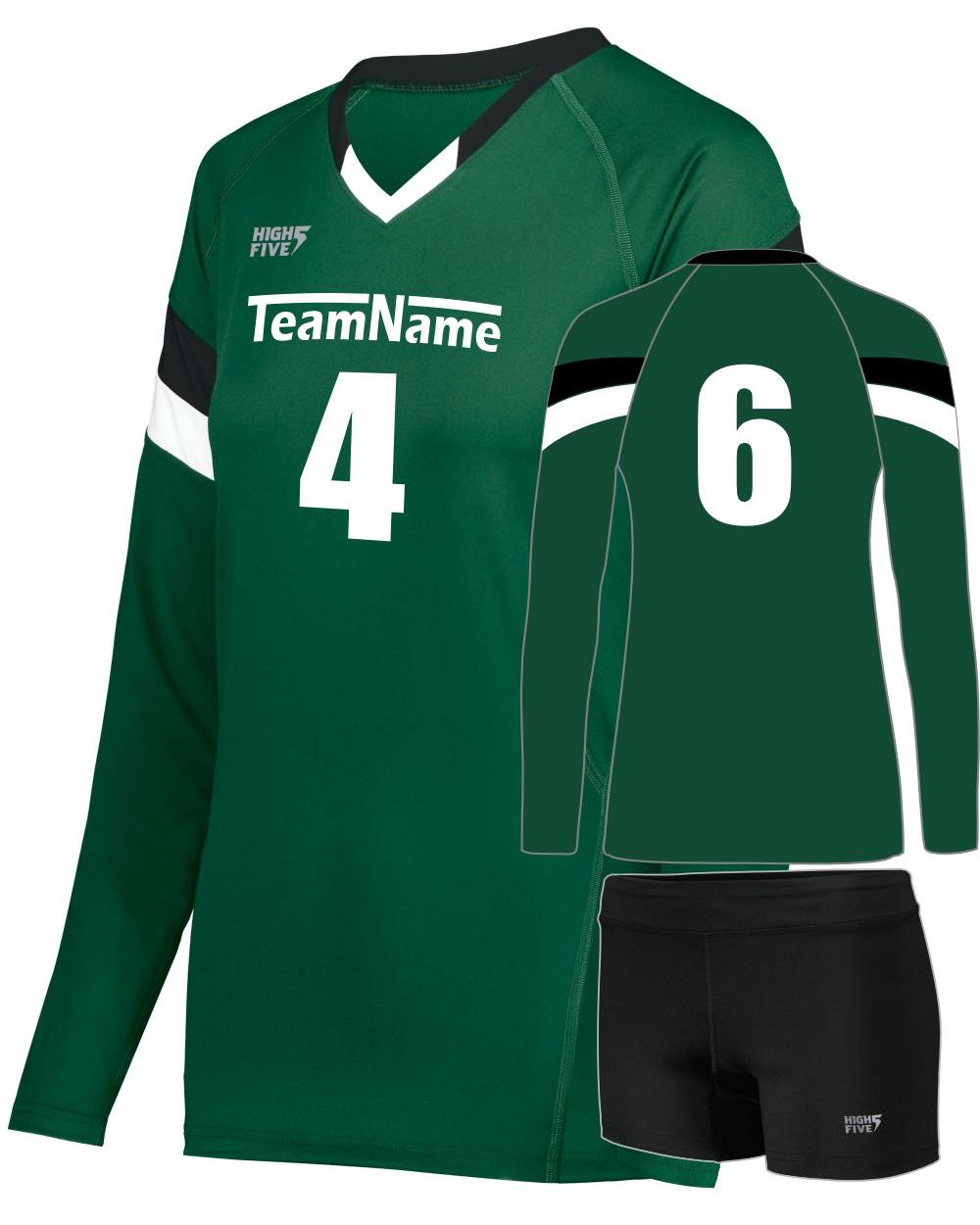 High 5 Girls TruHit Tri-Color L/S Custom Volleyball Uniform, color: Dark Green/Black/White